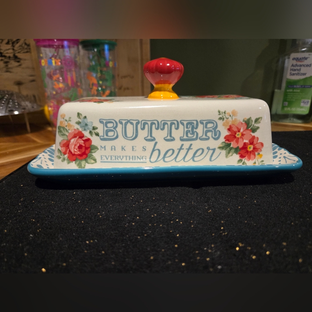 Pioneer Woman Floral Butter Dish with Red Knob